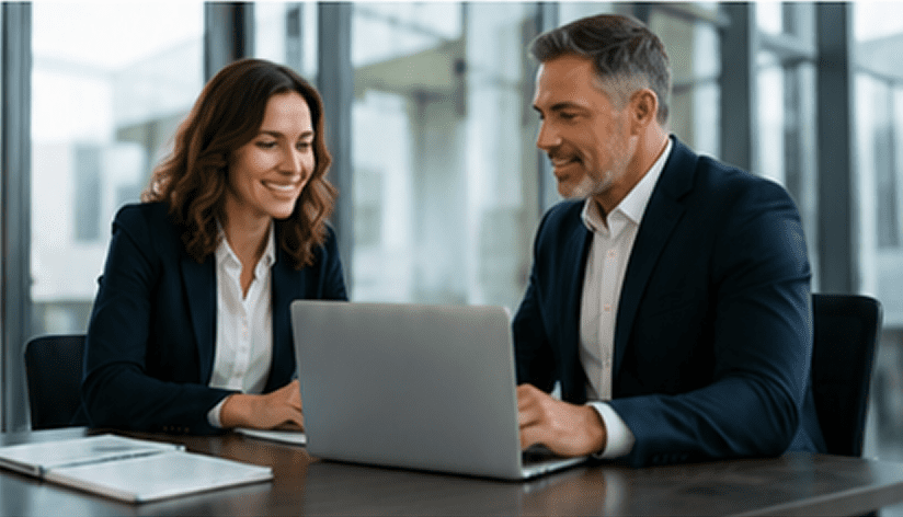 Two business professionals smiling while using laptop