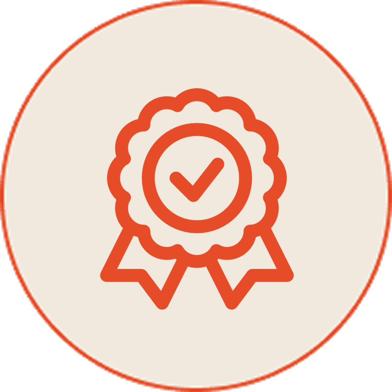 Orange ribbon badge with checkmark